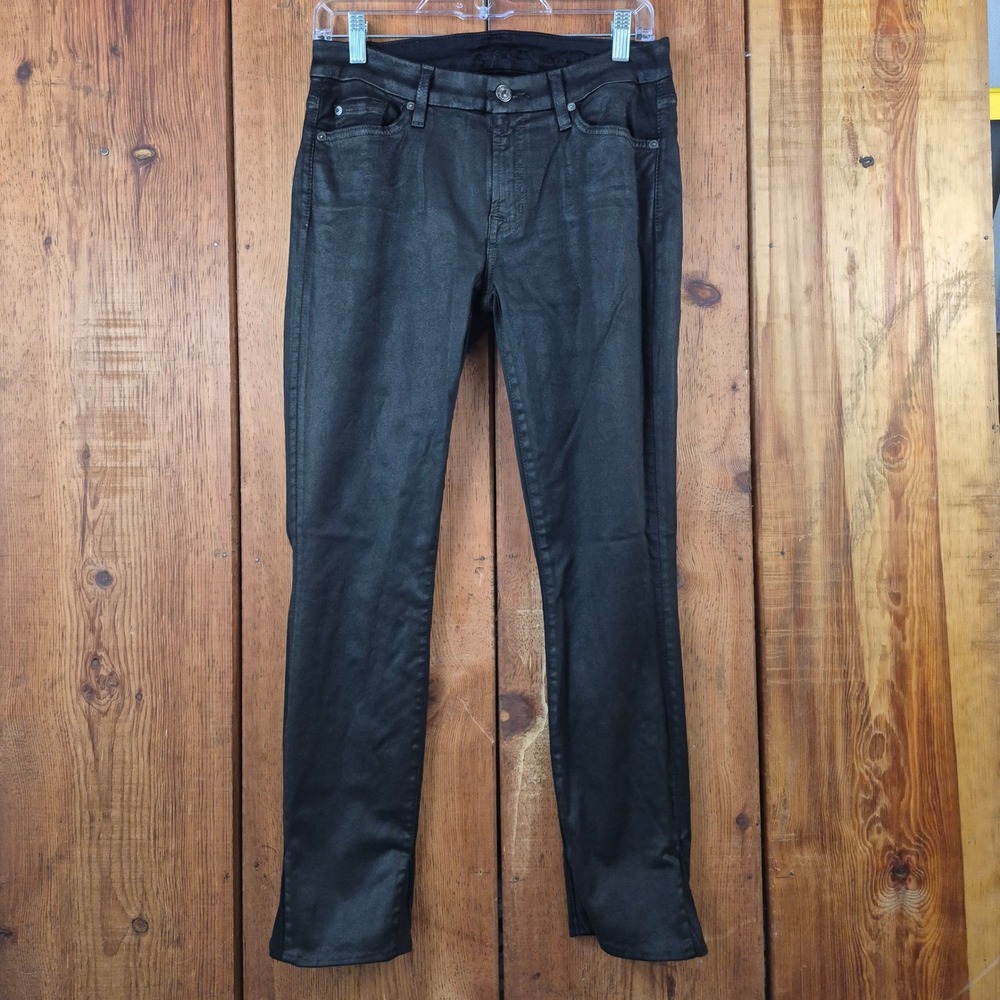 7 For All Mankind The Skinny Black Coated Denim Jeans Size 30 Split Hem Women's